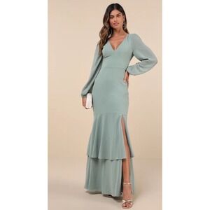 NEW Lulus Tier Elegance Dress Women's XXL Sage Brush Maxi Long Sleeve Tiered